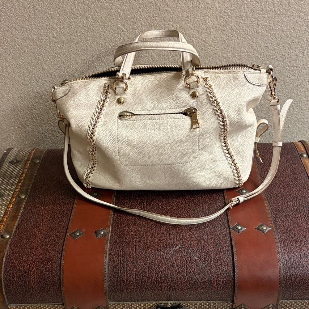 Coach Cream Leather Shoulder Satchel with Gold Chain Trim